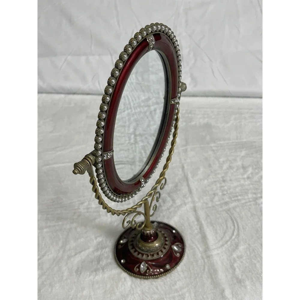 Tabletop Standing Vanity Mirror Enamel Rhinestone Pearl Granny Core Burgundy Red